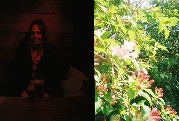 left: me, red, in the dark. right: leaves and flowers in bright sun