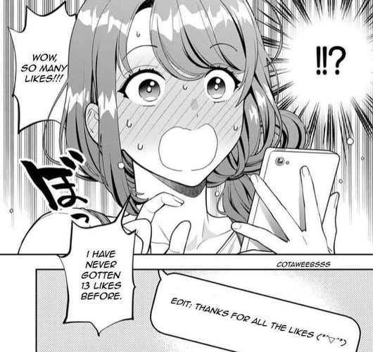 manga panel where girl is surprised she got 13 likes on a post