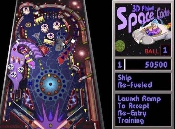 The UI for 3D Pinball Space Cadet, with the purple board, logo, and space cadet in a shop at the top right with the logo. Game menu is underneath that. For Windows XP from 1995