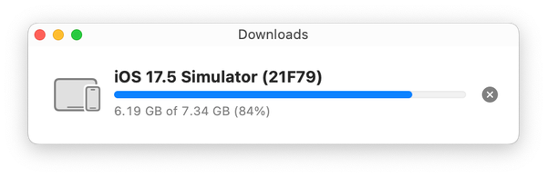iOS 17.5 Simulator download progress. Showing 6.19 GB of 7.34 GB (84%)