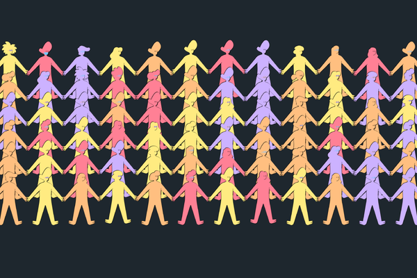 A 12x7 grid of stylized solid-colored people illustrations, standing side-by-side, with their hands touching.
