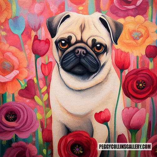 Colorful whimsical artwork of a pug named Puggles surrounded by roses and tulips, by artist Peggy Collins.