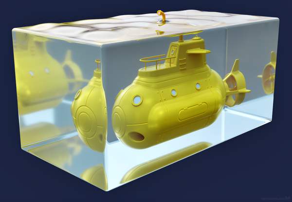 3D rendering of a small-scale yellow submarine design inside a cubical water basin.