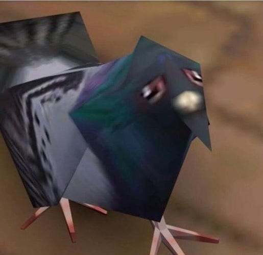 Un pigeon en 3D modélisé avec bien peu de polygones et semblant triste