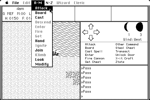 Screenshot of Ultima III with "A–M" menu pulled down