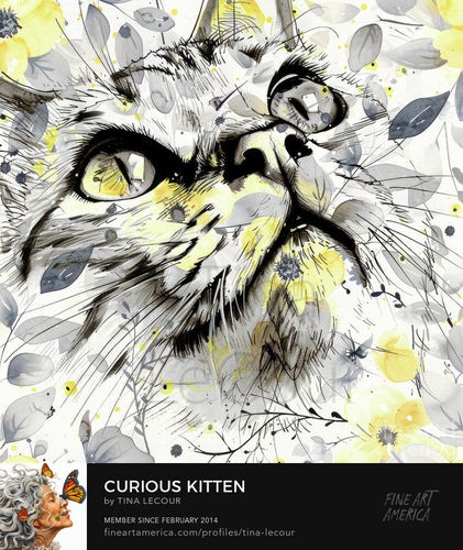 This is a mixed media portrait of a kitten with a gray and yellow floral botanical background.