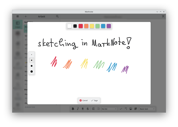 Marknote window with sketch editor open