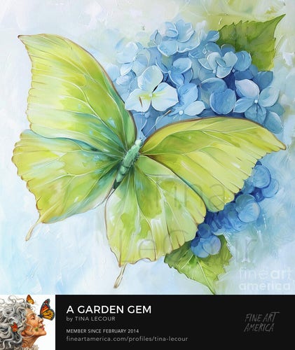 This is a pretty light green butterfly with a blue hydrangea flower and white textured background. 