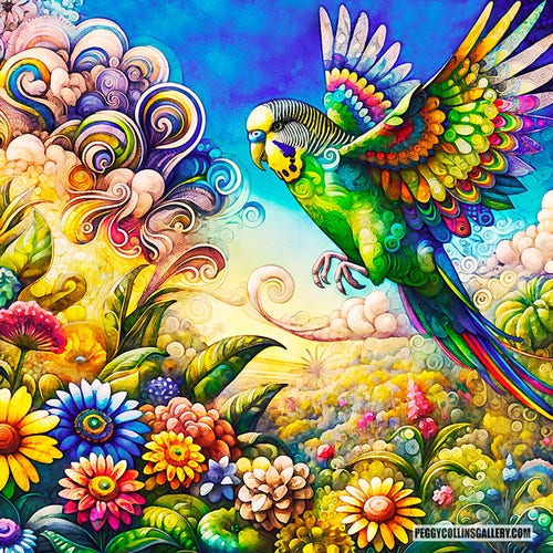 Colorful artwork of a green budgie with psychedelic wings flying over a garden of flowers, by artist Peggy Collins.