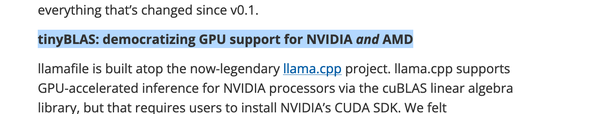 Headline by Mozilla "tinyBLAS: democratizing GPU support for NVIDIA and AMD"