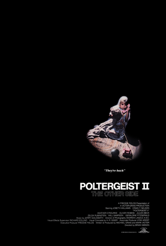 Poster art for Poltergeist 2.

The poster is almost entirely black with a spotlight pointed at a young blonde girl who has a toy rotary phone to her ear.

Under the area lit up by the spotlight, it says: "They're back"