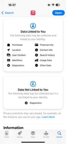 Screenshot of the privacy nutrition label of Apple Music