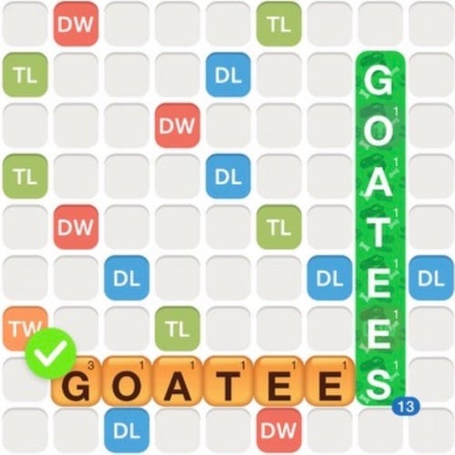 Screenshot of the Words With Friends app where Goatees is written downward and Goatees is then played horizontally off of the S