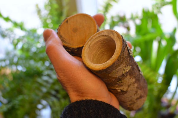 Une main tient un petit rondin de bois brut (avec écorce) évidé de façon à en faire un tube borgne.