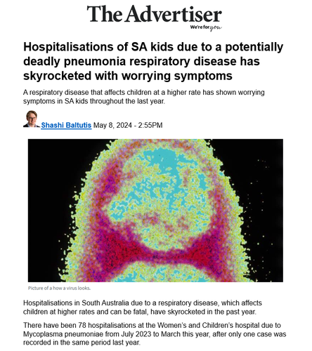 Hospitalisations of SA kids due to a potentially deadly pneumonia respiratory disease has skyrocketed with worrying symptoms
A respiratory disease that affects children at a higher rate has shown worrying symptoms in SA kids throughout the last year.
 Shashi Baltutis May 8, 2024 - 2:55PM
 
Hospitalisations in South Australia due to a respiratory disease, which affects children at higher rates and can be fatal, have skyrocketed in the past year.
There have been 78 hospitalisations at the Women’s and Children’s hospital due to Mycoplasma pneumoniae from July 2023 to March this year, after only one case was recorded in the same period last year.
