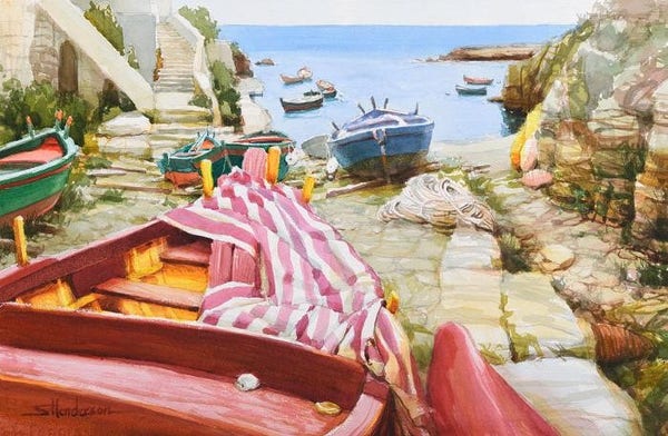 Art print of an original watercolor painting by Steve Henderson depicting a number of boats dry docked on the cobblestones near the Adriatic Sea.