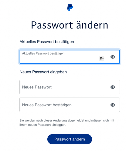 Password change screen in PayPal, in German