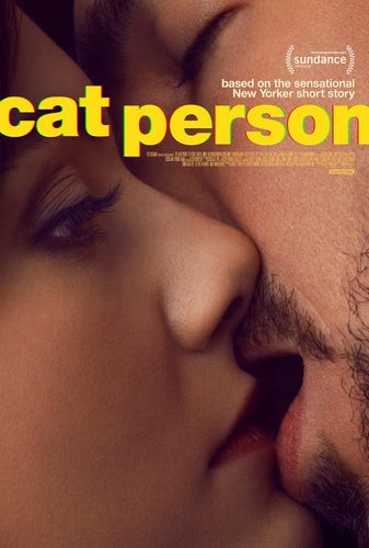 A movie poster for "Cat Person" showing an extreme closeup of a very awkward kiss.