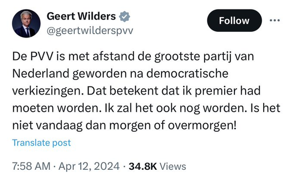 bericht van Wilders op X