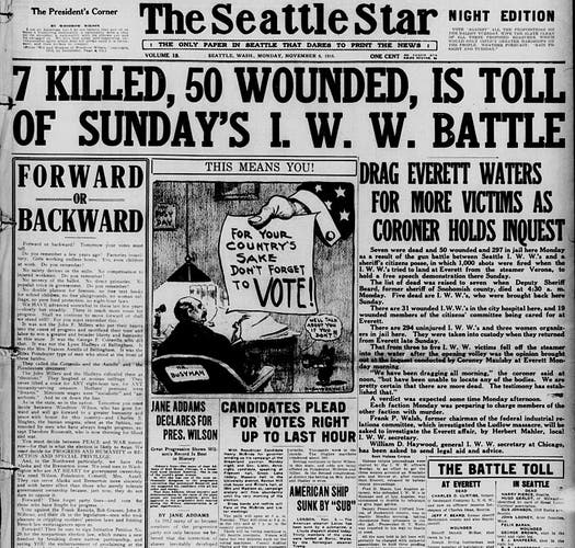 Front page of the Seattle Star, with headline that reads, “7 killed, 50 wounded, is toll of Sunday’s I.W.W. battle.”