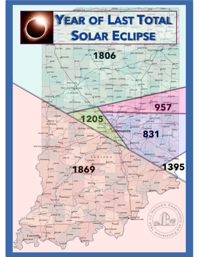 A map of Indiana divided up into angular slices according to the date of the most recent solar eclipse in each area. 