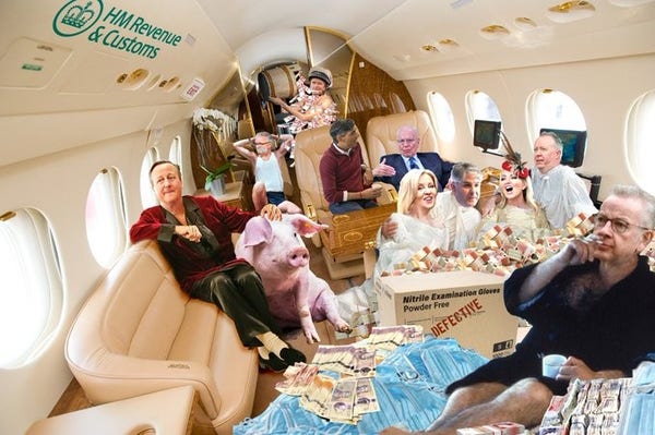 Sorry guys, this is impossible to explain properly.  It's a collage taking the piss out of David Cameron's £42 million private plane.  He's dressed as Hugh Hefner with a giant pig beside him, Murdoch, Mone and Sunak are all lolloping about the place and Gove's in an open dressing gown at the front.  There's piles of cash and PPE eerywhere.