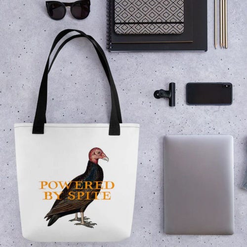 A photograph of an Effin’ Birds tote bag featuring a painting of a bird and the words “powered by spite”.