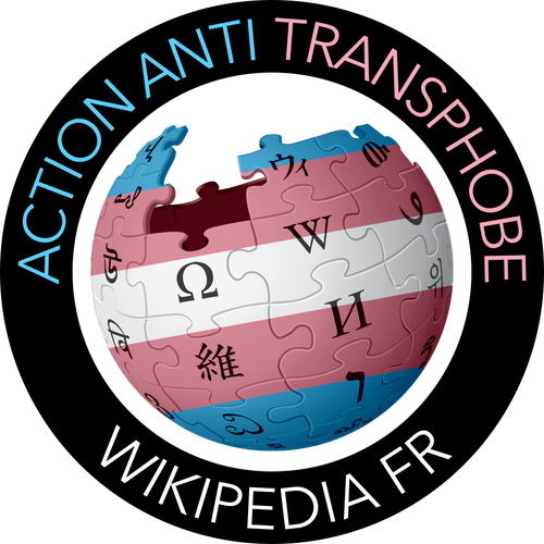 Le logo wikipedia coloré aux couleurs trans (de haut en bas : bleu, rose, blanc, rose, bleu) et cerclé d'un anneau noir sur lequel est écrit "Action anti transphobe Wikipedia FR"