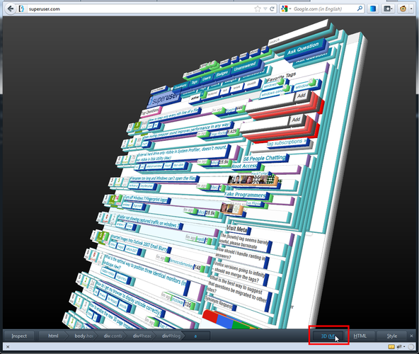A screenshot of the 3D View of a page, a debugging feature that was removed from Firefox around version 47.