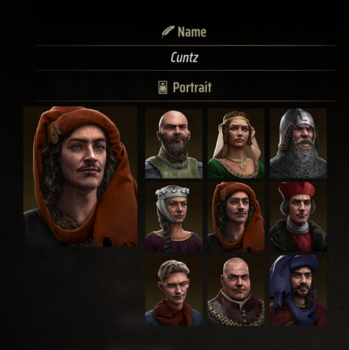 Screenshot from Manor Lords on the new game menu where you can select character portraits and select a name, which is current set to “Cuntz”.