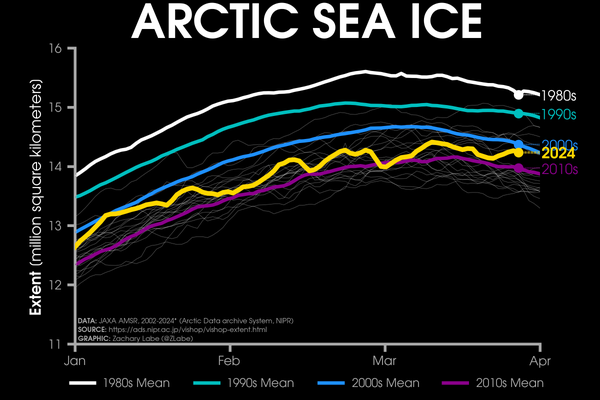 Line graph time series of 2024's daily Arctic sea ice extent compared to decadal averages from the 1980s to the 2010s. The decadal averages are shown with different colored lines with white for the 1980s, green for the 1990s, blue for the 2000s, and purple for the 2010s. Thin white lines are also shown for each year from 2002 to 2022. 2024 is shown with a thick gold line. There is a long-term decreasing trend in ice extent for every day of the year shown on this graph between January and April by looking at the decadal average line positions.