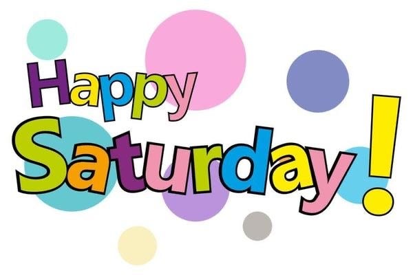 The image features the phrase "Happy Saturday!" in bold, colorful letters. Each letter is styled differently with vibrant colors such as pink, blue, yellow, and green. The background is white and is adorned with various pastel-colored circles in shades of pink, blue, and gray. The overall feel is cheerful and festive.