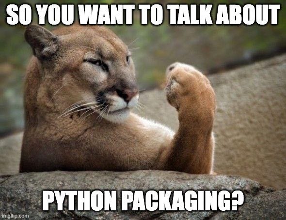 photo of a puma scowling and staring to the right, with the text "so you want to talk about python packaging?" overlaid in a meme font.