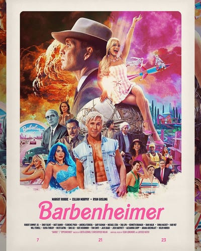 Poster de Barbenheimer que mezcla con colores muy saturados los personajes de Oppenheimer con los de Barbie.