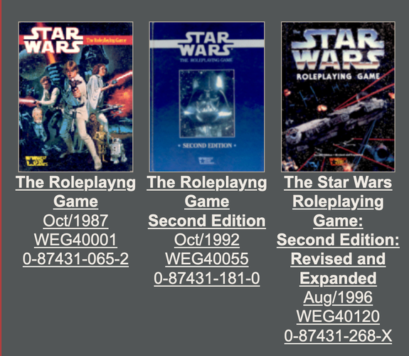 a screenshot from the D6 Holocron site of the covers of the 3 versions of the Star Wars D6 games from west end Games 