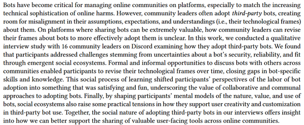 Bots have become critical for managing online communities on platforms, especially to match the increasing technical sophistication of online harms. However, community leaders often adopt third-party bots, creating room for misalignment in their assumptions, expectations, and understandings (i.e., their technological frames) about them. On platforms where sharing bots can be extremely valuable, how community leaders can revise their frames about bots to more effectively adopt them is unclear. In this work, we conducted a qualitative interview study with 16 community leaders on Discord examining how they adopt third-party bots. This social process of learning shifted participants’ perspectives of the labor of bot adoption into something that was satisfying and fun, underscoring the value of collaborative and communal approaches to adopting bots. Finally, by shaping participants’ mental models of the nature, value, and use of bots, social ecosystems also raise some practical tensions in how they support user creativity and customization in third-party bot use. Together, the social nature of adopting third-party bots in our interviews offers insight into how we can better support the sharing of valuable user-facing tools across online communities. 