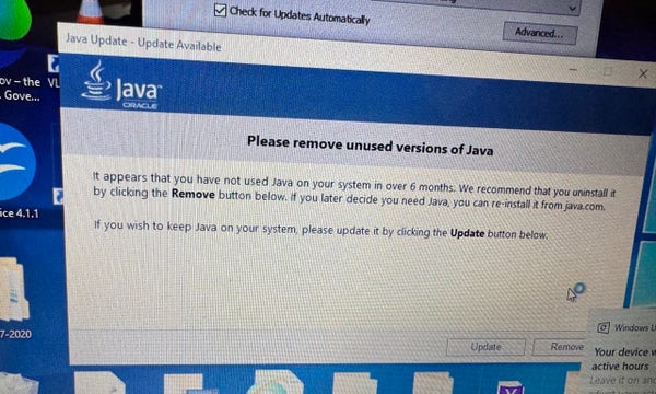 A Java update dialog telling me I haven’t used it in over six months and that I should just delete it.