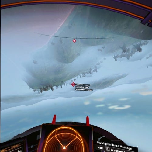 Screen shot from "No Man's Sky" showing the planet surface appearing through the top of the window in my spacecraft cockpit. I'm clearly flying low to the ground, but upside down.