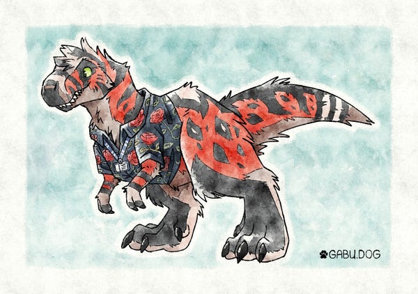 A fluffy red T-Rex in a semi-feral posture, hunched forward but still anthro. He's wearing a dark blue shirt with roses and green leaves on it and has a lanyard with an ID card around his neck. The art is colored in a rough watercolor style.