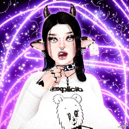 A photo of my avatar from Second Life, on a purple and black neon abstract background. I have pale skin, goth black/grey makeup, black cow horns, black and white spotted cow ears, long black hair with white sparkles. I'm wearing a white long sleeved shirt that says 'explicit" with a cute teddy bear on it. 