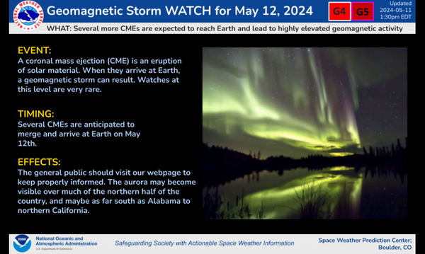 Geomagnetic storm watch — G4

Aurora may be visible as far south as Alabama