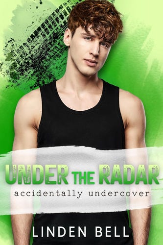Cover - Under the Radar by Linden Bell - an adorable young white twink with floppy brown hair and green eyes staring at the viewer, in a black tank top, bright green background with a tire tread