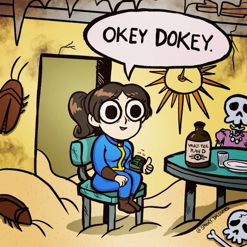 In a wasteland of sand, brown-haired Lucy gives a thumbs-up and says "Okie-Dokey" while surrounded by radroaches and bones.