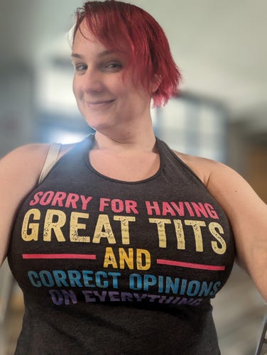 The poster, wearing a top. It reads "Sorry for having great tits a d correct opinions all the time." "Great tits" is stretched across her bust, and the last half is difficult to read because of them. 