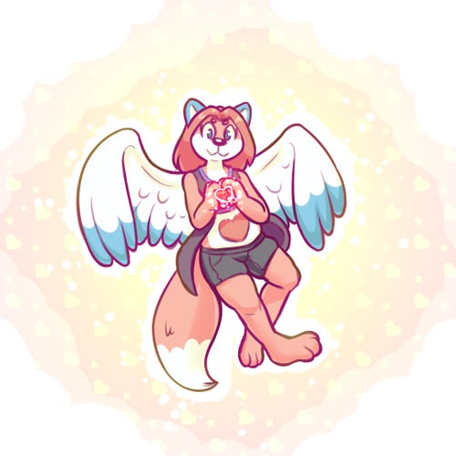 A drawing of Nova's pink, winged fox named Rosy. She is floating over a bright cloud background and is holding her hands in the shape of a heart. She also has a big heart on her tummy