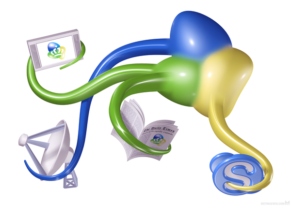 Stylized 3D illustration, showing an octopus-like wink to the blobby logo of the Dutch KPN telecom corporation. Tentacles hold a TV, satellite dish, newspaper and the Skype logo.