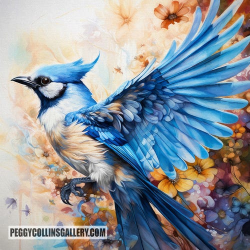 Artwork of a blue jay in flight with spring flowers in the background, by artist Peggy Collins.