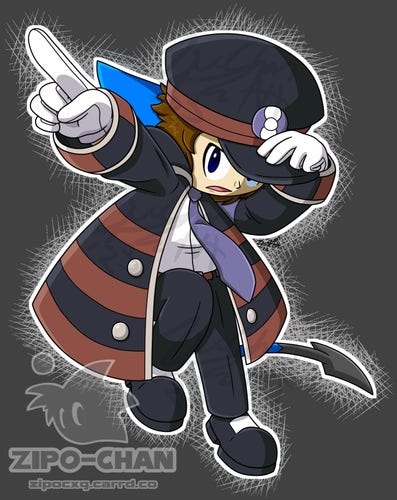 My character Zipo dressed up as Ingo from Pokémon Black and White. This attire consists of mostly black, brown, grey, purple, white, and features a conductor’s hat, large coat, gloves, tie, dress shirt, dress pants, and dress shoes. Zipo is also depicted in one of Ingo’s well-known poses: pointing outward with their right hand. A stylised white border surrounds the illustration.