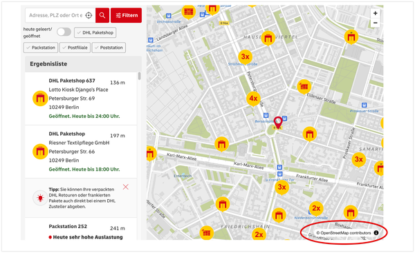 Screenshot der DHL-Webseite, der den Einsatz von Openstreetmap zeigt.