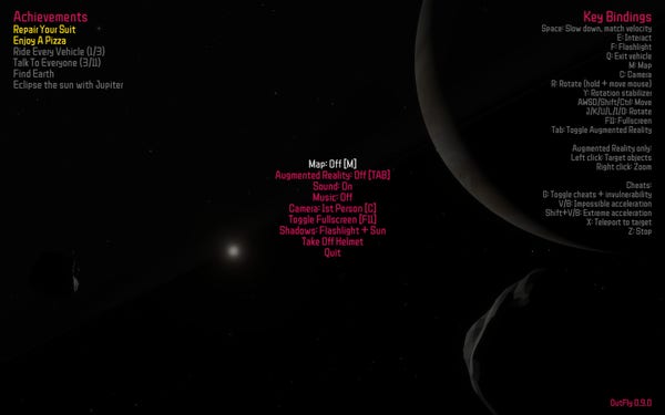 A screenshot of the game OutFly showing the game menu, including various achievements: Repair Your Suit, Enjoy A Pizza, Ride Every Vehicle, Talk To Everyone, Find Earth, Eclipse the sun with Jupiter.